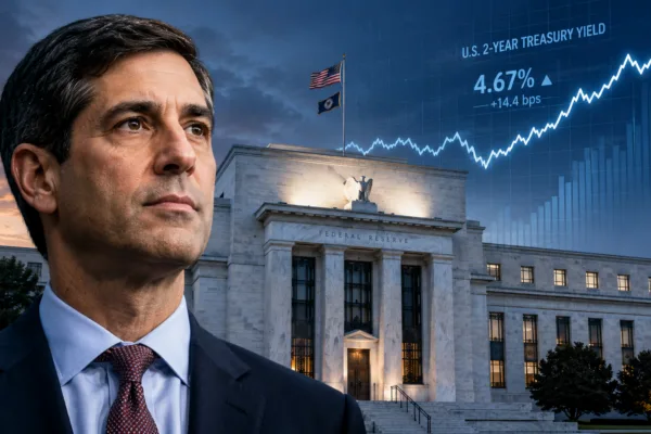 Federal Reserve Chairman Kevin Warsh in front of the Fed building with rising Treasury yields signaling a potentially hawkish interest rate outlook.