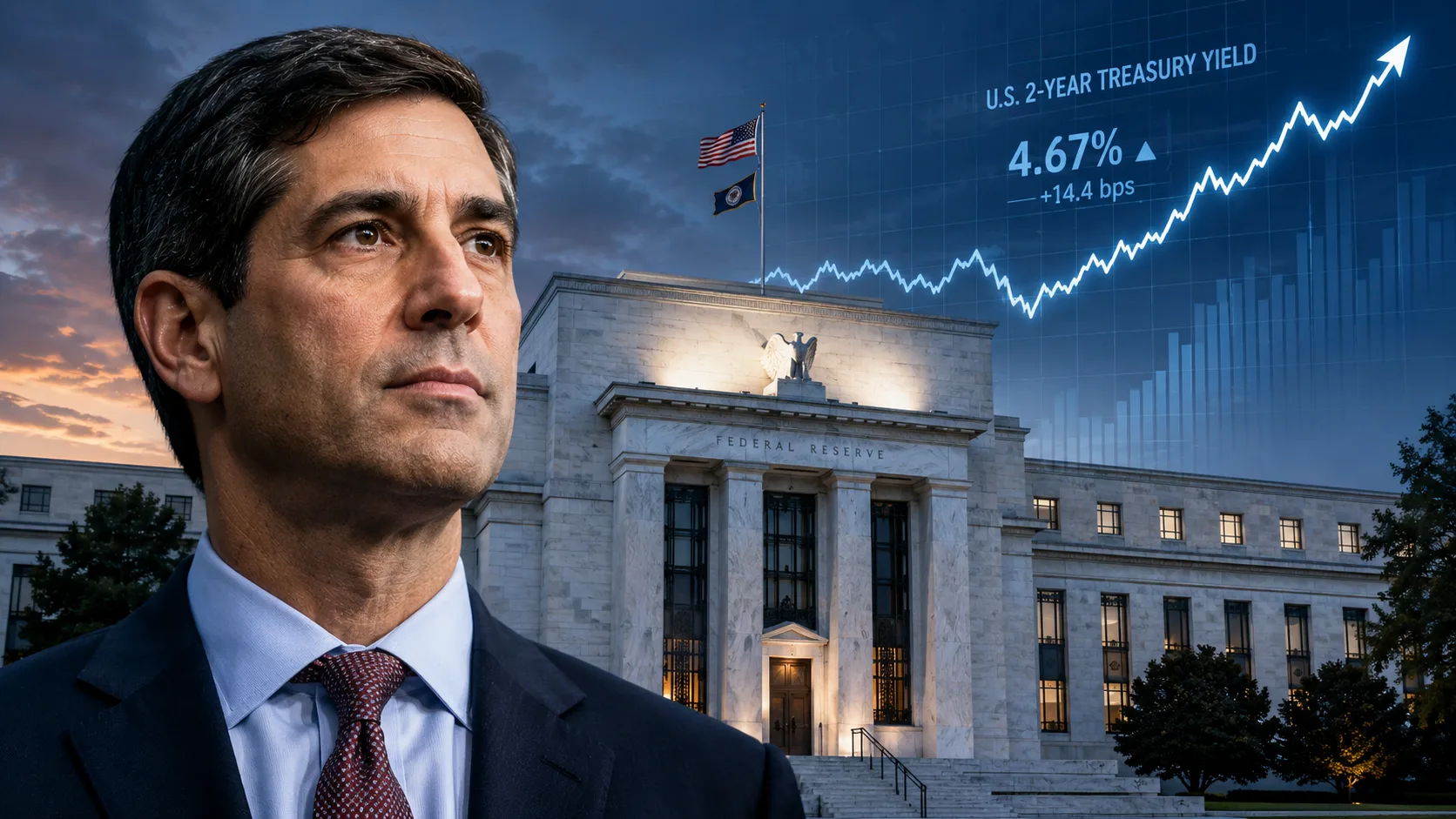 Federal Reserve Chairman Kevin Warsh in front of the Fed building with rising Treasury yields signaling a potentially hawkish interest rate outlook.