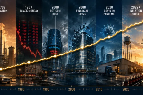 Illustration showing a rising dividend growth line moving through major economic crises from the 1970s to 2026, highlighting the resilience of Dividend King stocks that have increased dividends for more than 50 consecutive years.