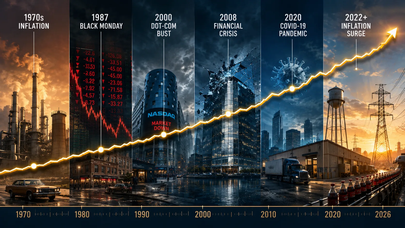Illustration showing a rising dividend growth line moving through major economic crises from the 1970s to 2026, highlighting the resilience of Dividend King stocks that have increased dividends for more than 50 consecutive years.