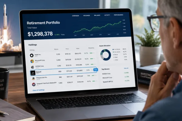 Retirement investor reviewing a portfolio as SpaceX stock enters major index funds and 401(k) retirement accounts.