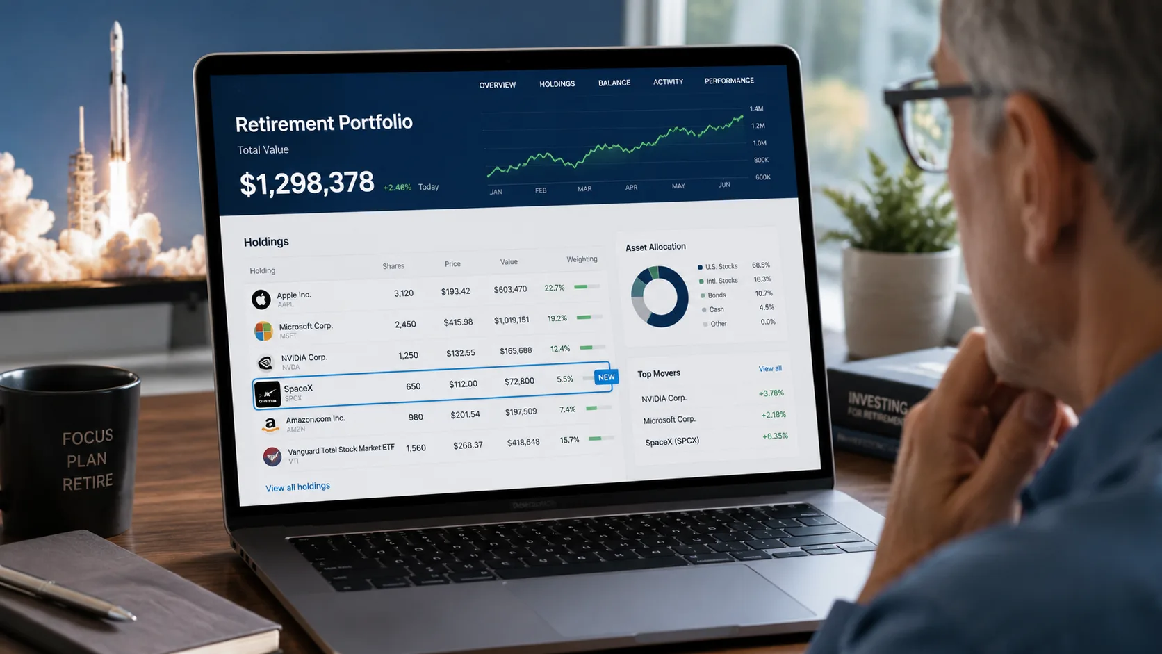 Retirement investor reviewing a portfolio as SpaceX stock enters major index funds and 401(k) retirement accounts.