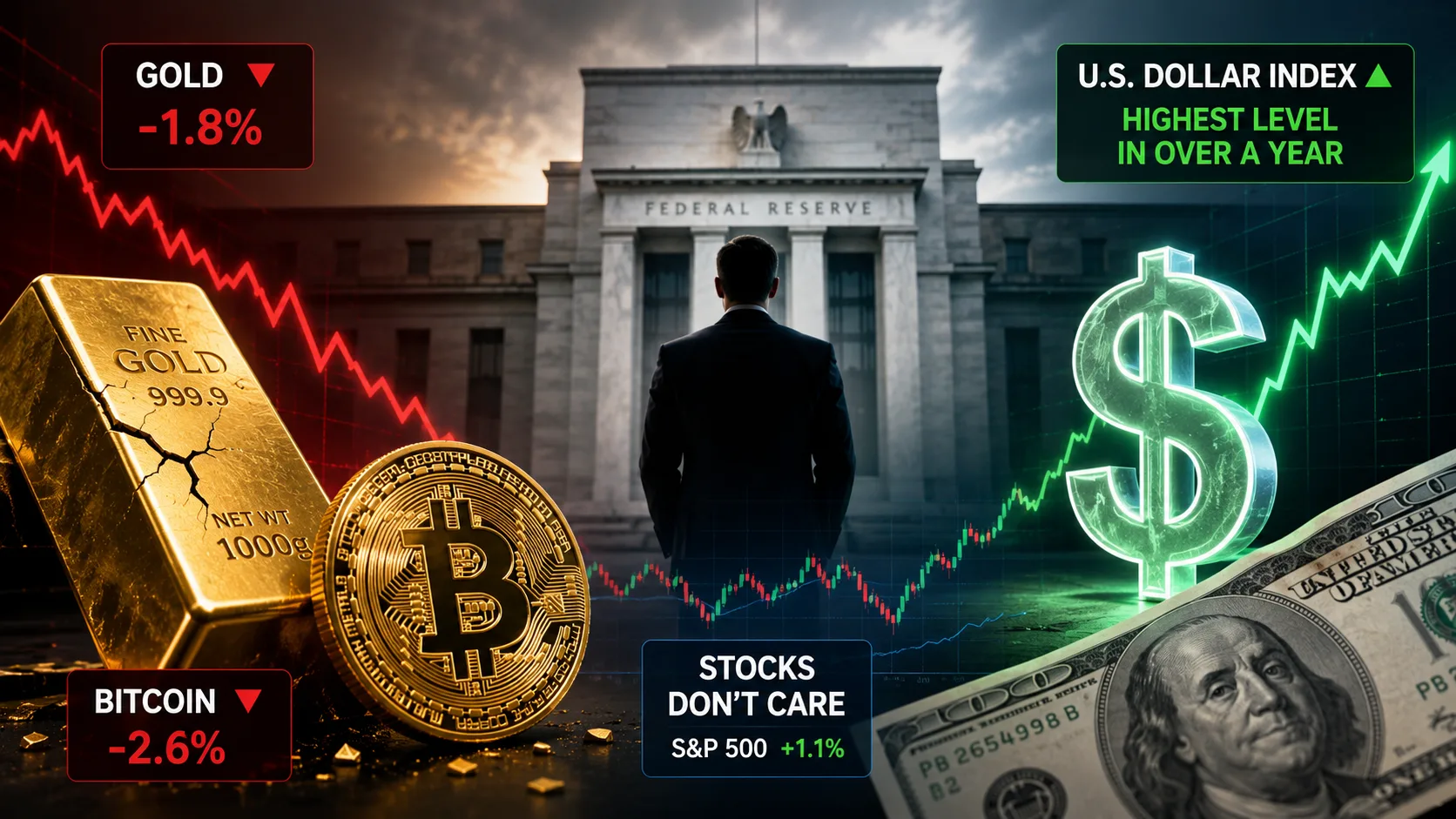 Gold, Bitcoin, and the U.S. dollar react to Federal Reserve Chairman Kevin Warsh's hawkish rate outlook as investors reassess interest rate expectations.