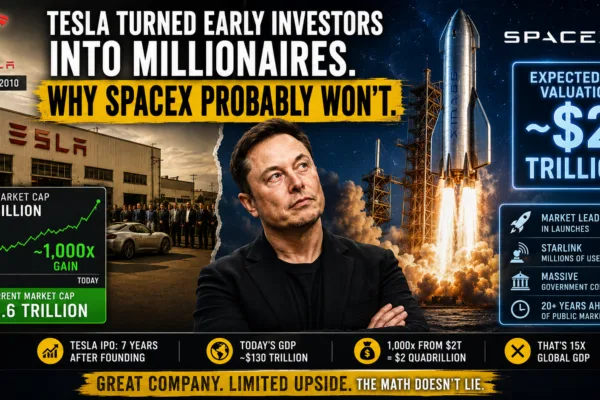 Elon Musk between Tesla and SpaceX with charts comparing Tesla's historic IPO gains to SpaceX's expected $2 trillion valuation before its public offering.