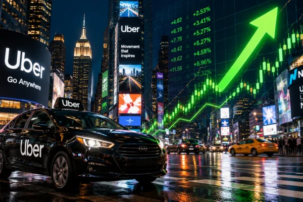 Uber vehicle driving through a major city as stock market charts and bullish momentum indicators suggest potential upside for Uber stock investors.