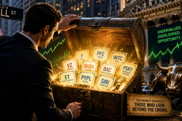 Investor opening a treasure chest filled with undervalued stocks on Wall Street, symbolizing the best cheap stocks to buy now and hidden market opportunities.