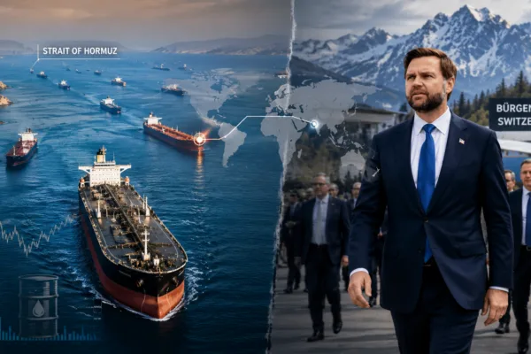JD Vance attends U.S.-Iran negotiations in Switzerland while oil tankers move through the Strait of Hormuz, a key global energy shipping route.