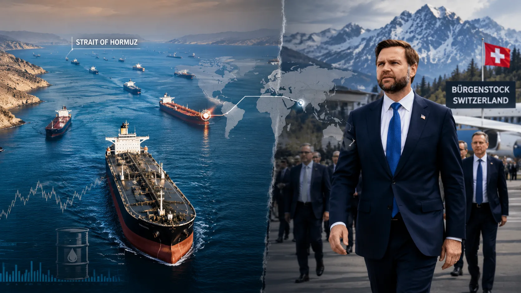 JD Vance attends U.S.-Iran negotiations in Switzerland while oil tankers move through the Strait of Hormuz, a key global energy shipping route.