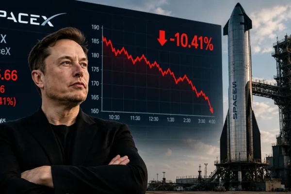 Elon Musk and a SpaceX Starship rocket alongside a falling stock chart as SpaceX shares decline after raising additional capital through a bond offering.