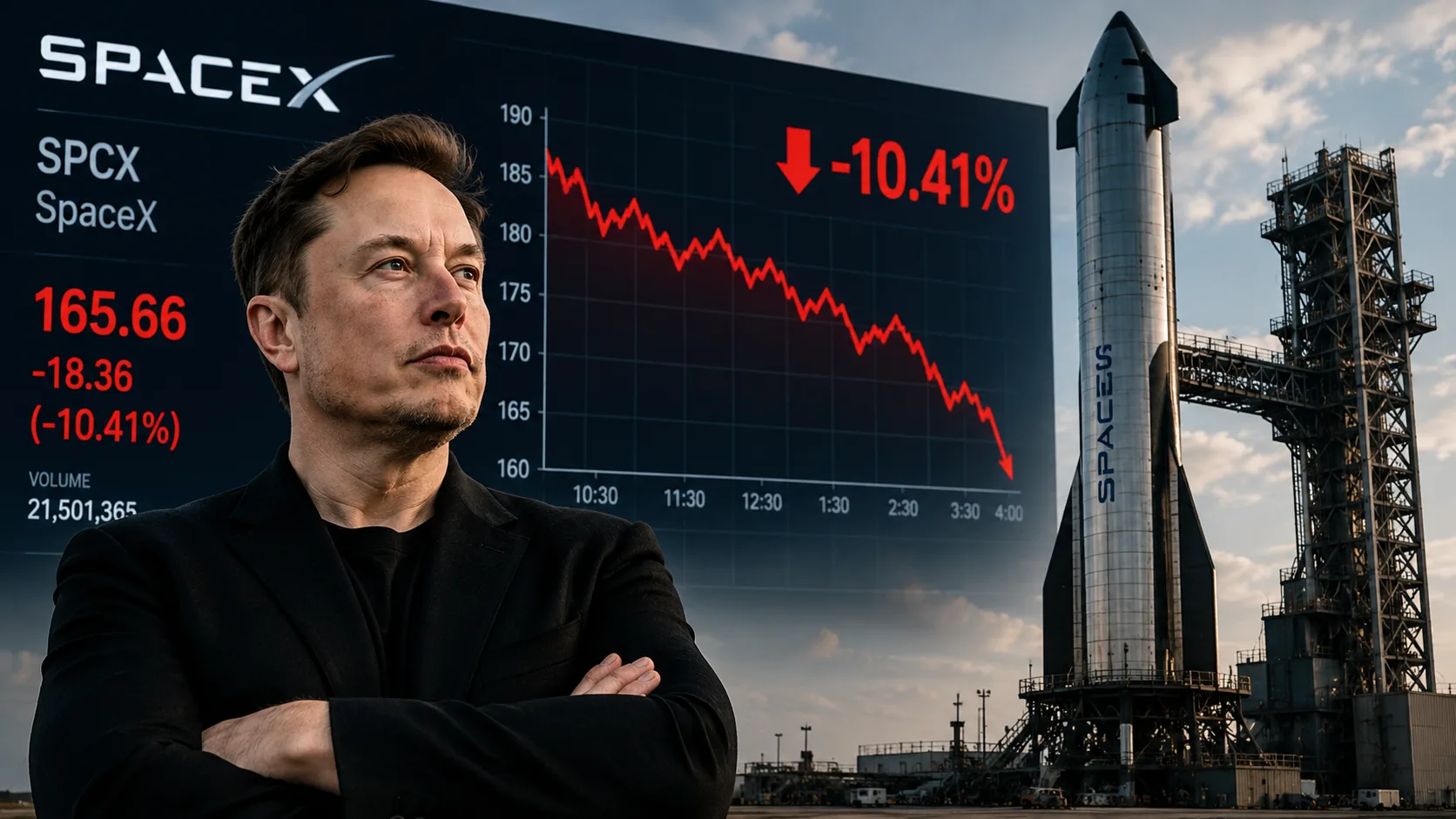 Elon Musk and a SpaceX Starship rocket alongside a falling stock chart as SpaceX shares decline after raising additional capital through a bond offering.
