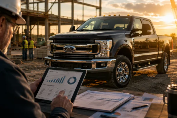 Ford Super Duty truck at a commercial job site as investors evaluate income opportunities from Ford stock and options strategies.