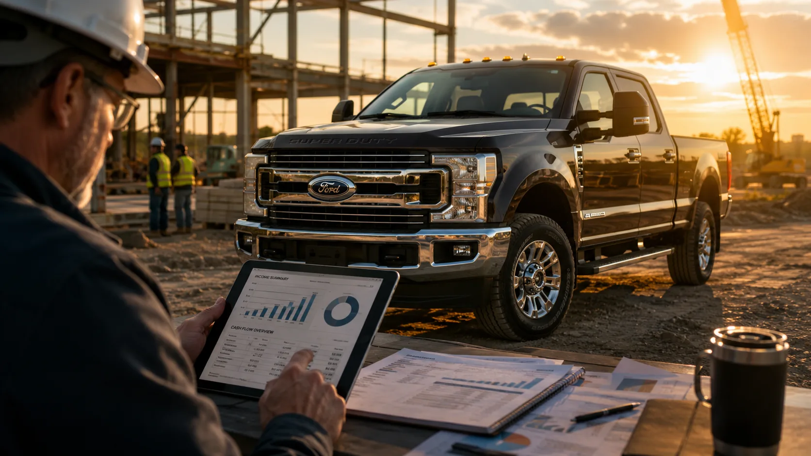 Ford Super Duty truck at a commercial job site as investors evaluate income opportunities from Ford stock and options strategies.