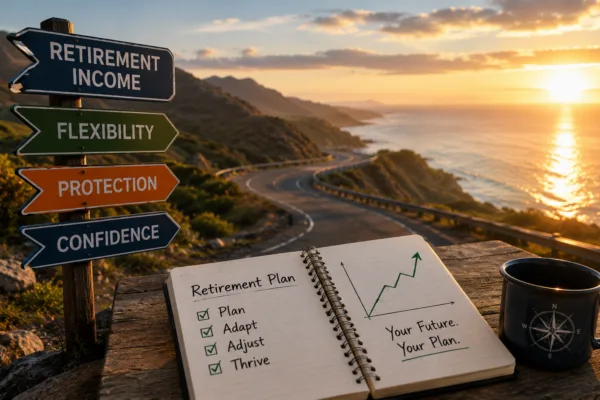 Retirement planning concept showing a flexible withdrawal strategy with a coastal road, retirement income roadmap, financial notebook, and signs representing confidence, protection, and retirement spending decisions.