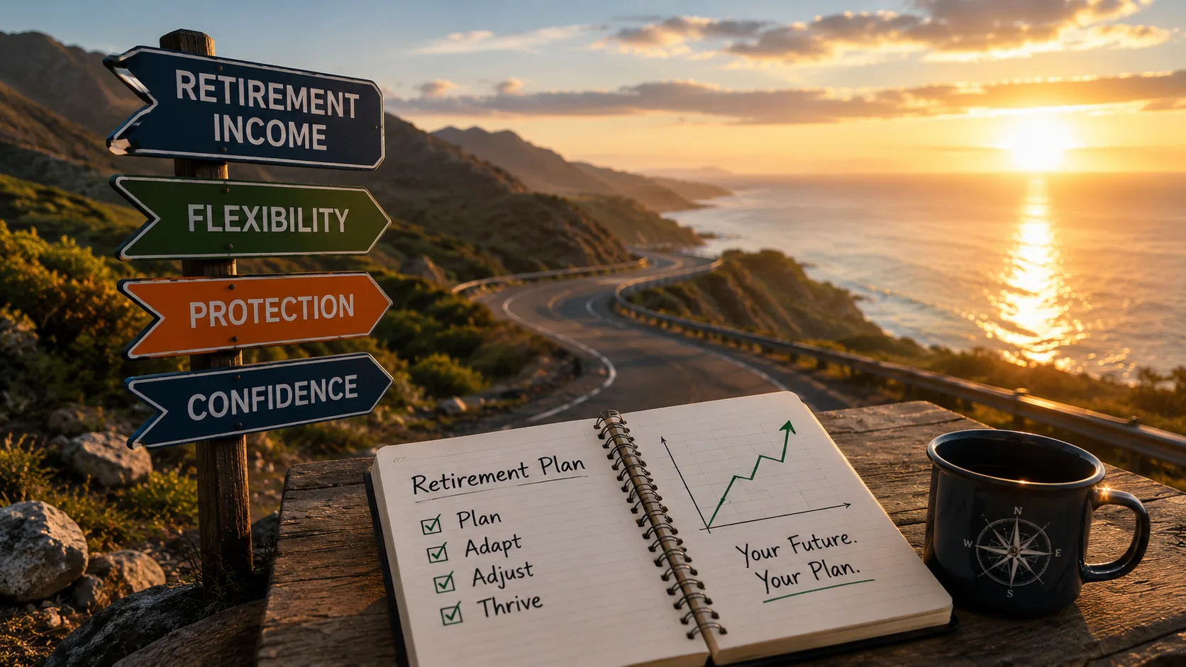 Retirement planning concept showing a flexible withdrawal strategy with a coastal road, retirement income roadmap, financial notebook, and signs representing confidence, protection, and retirement spending decisions.