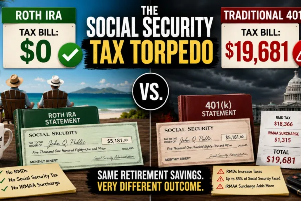 Split-screen comparison of a Roth IRA and traditional 401(k), showing how required minimum distributions and Social Security taxation can increase retirement tax bills and Medicare costs.