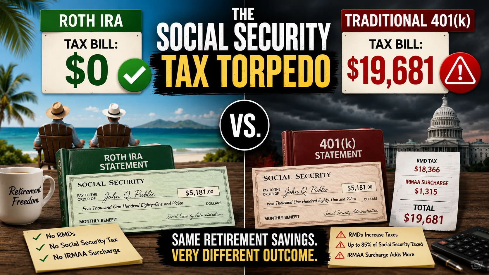 Split-screen comparison of a Roth IRA and traditional 401(k), showing how required minimum distributions and Social Security taxation can increase retirement tax bills and Medicare costs.