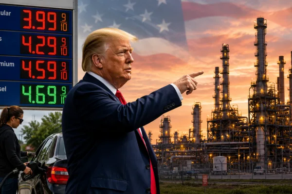 President Donald Trump points toward an oil refinery beside a gas station price sign, illustrating his call for a DOJ investigation into Big Oil over high gasoline prices.