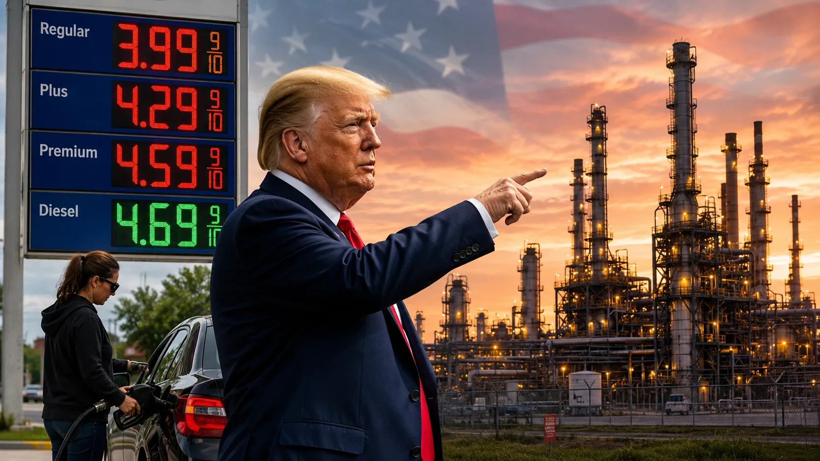 President Donald Trump points toward an oil refinery beside a gas station price sign, illustrating his call for a DOJ investigation into Big Oil over high gasoline prices.