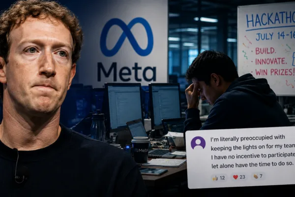 Mark Zuckerberg pictured alongside stressed Meta employees as the company faces backlash over layoffs, AI restructuring, and a controversial employee hackathon.
