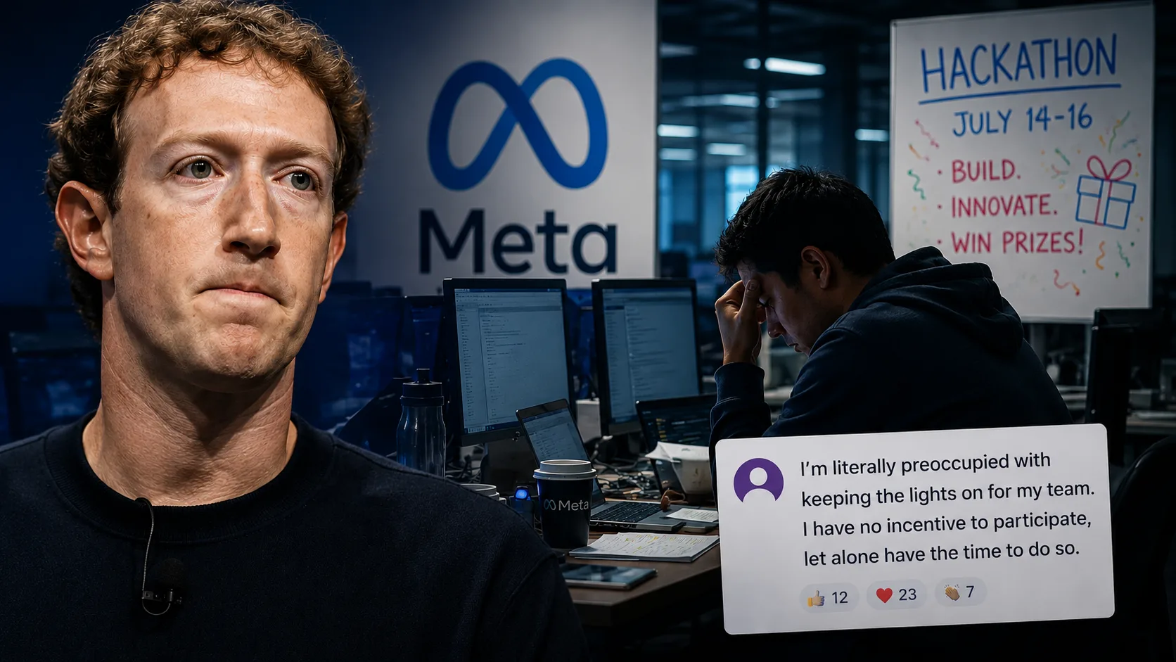 Mark Zuckerberg pictured alongside stressed Meta employees as the company faces backlash over layoffs, AI restructuring, and a controversial employee hackathon.