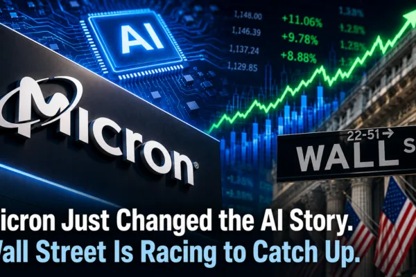 Micron Technology logo with AI chip, rising stock chart, and Wall Street backdrop after Micron's blockbuster earnings fueled optimism about the long-term AI memory boom.