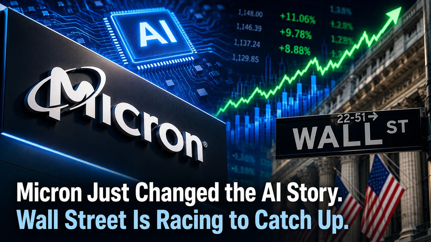 Micron Technology logo with AI chip, rising stock chart, and Wall Street backdrop after Micron's blockbuster earnings fueled optimism about the long-term AI memory boom.