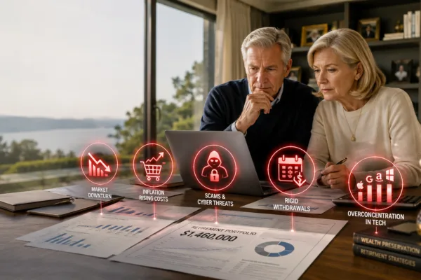 Affluent retired couple reviewing their retirement investment portfolio while assessing market risks, inflation, scams, and other threats to protecting retirement savings in 2026.