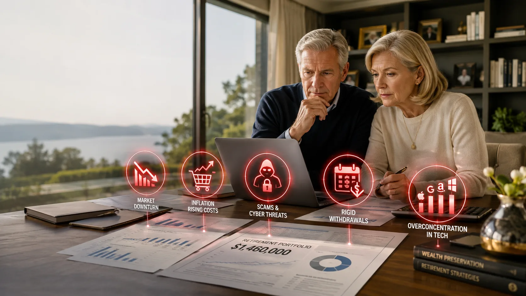 Affluent retired couple reviewing their retirement investment portfolio while assessing market risks, inflation, scams, and other threats to protecting retirement savings in 2026.