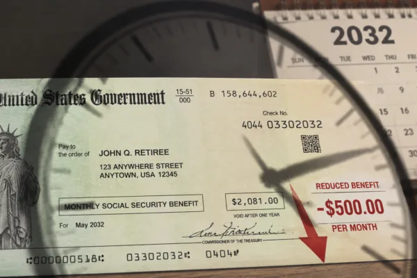 Illustration of a U.S. Treasury Social Security benefit check with a clock shadow and 2032 calendar, symbolizing the looming risk of reduced Social Security payments.