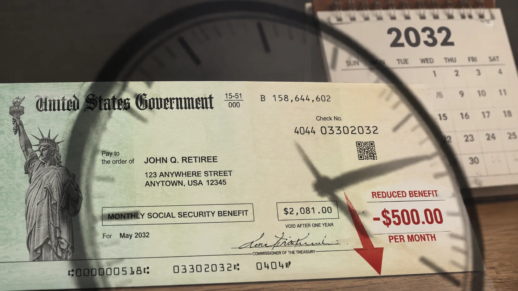 Illustration of a U.S. Treasury Social Security benefit check with a clock shadow and 2032 calendar, symbolizing the looming risk of reduced Social Security payments.