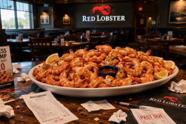 Large platter of shrimp in an empty Red Lobster restaurant as a lawsuit alleges the Endless Shrimp promotion contributed to the chain's bankruptcy.