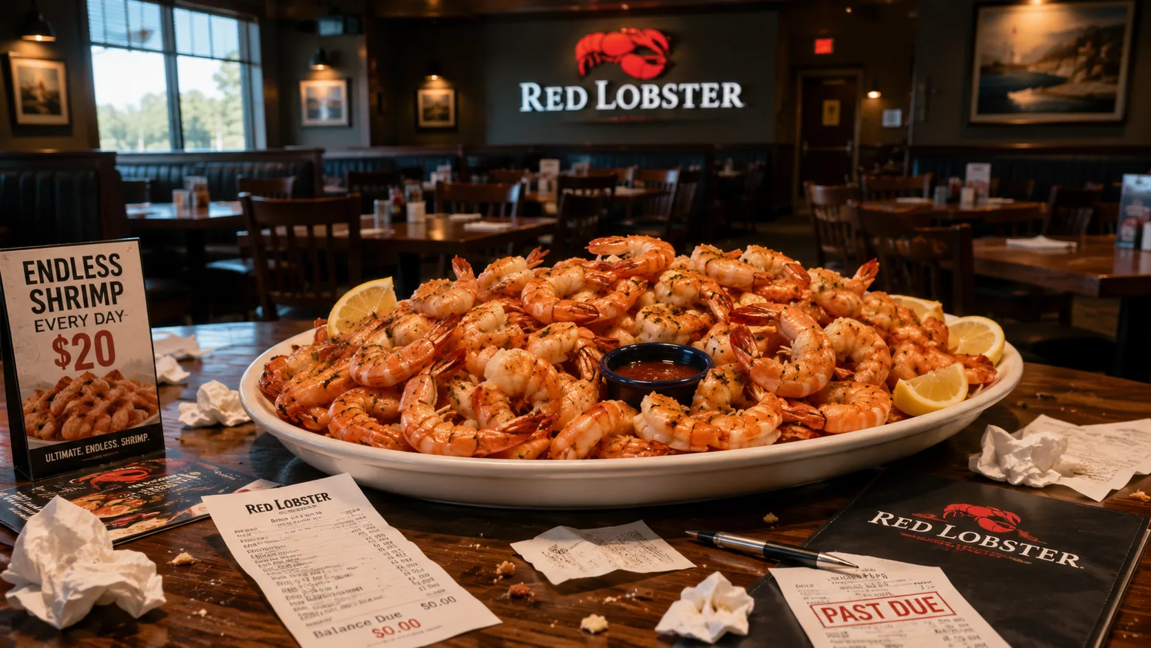 Large platter of shrimp in an empty Red Lobster restaurant as a lawsuit alleges the Endless Shrimp promotion contributed to the chain's bankruptcy.
