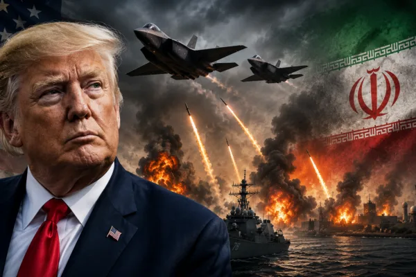 President Donald Trump with military aircraft, naval vessels, missile launches, and explosions against an Iranian flag backdrop illustrating renewed U.S.-Iran military strikes and tensions.