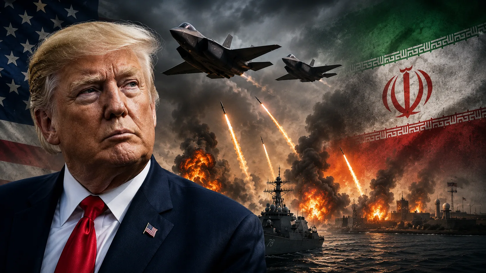 President Donald Trump with military aircraft, naval vessels, missile launches, and explosions against an Iranian flag backdrop illustrating renewed U.S.-Iran military strikes and tensions.