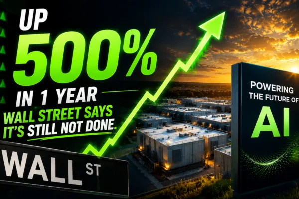 Illustration of a soaring AI infrastructure stock with an upward market chart above a large data center, representing Wall Street's bullish outlook on AI-powered energy infrastructure.