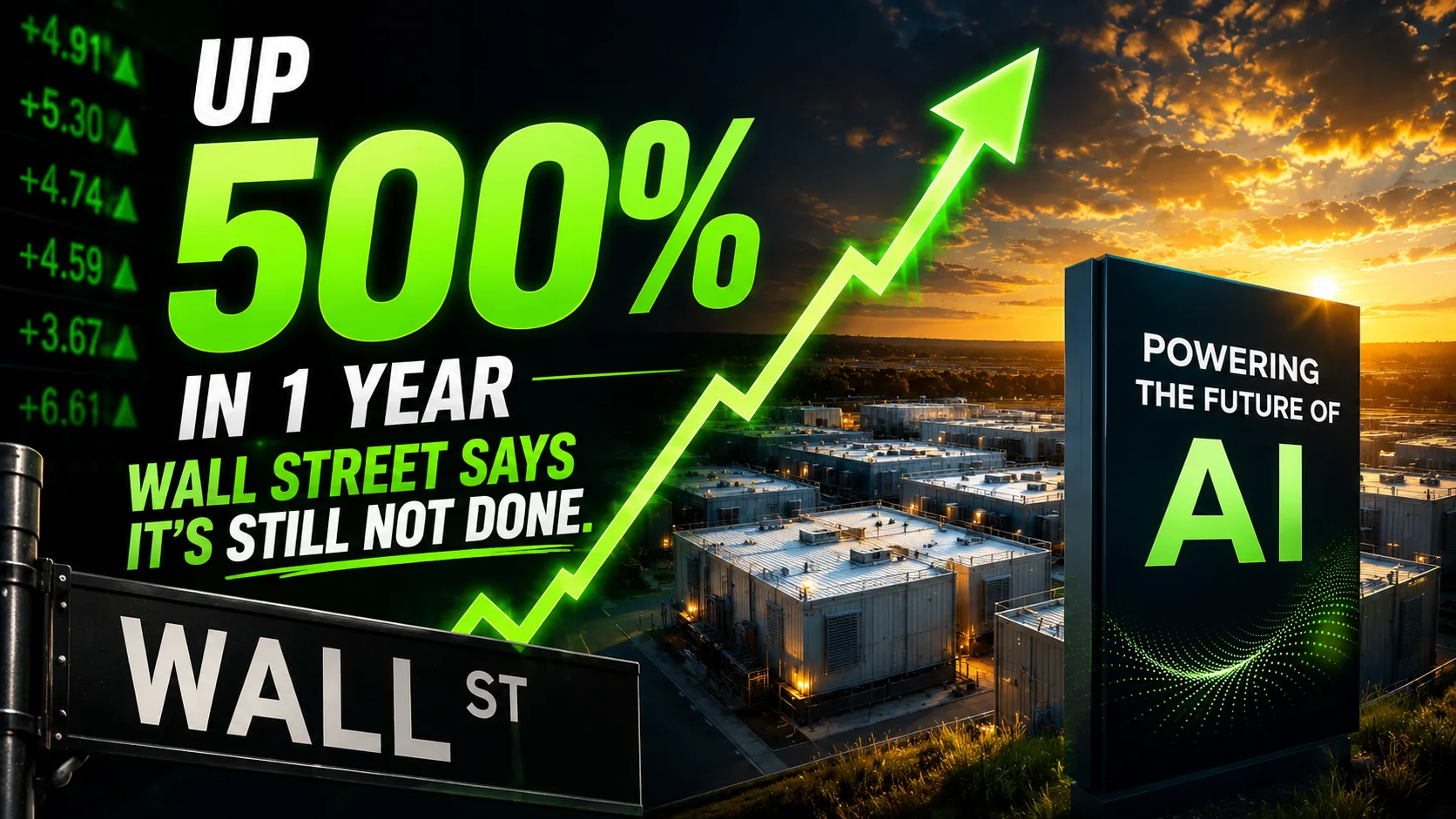 Illustration of a soaring AI infrastructure stock with an upward market chart above a large data center, representing Wall Street's bullish outlook on AI-powered energy infrastructure.