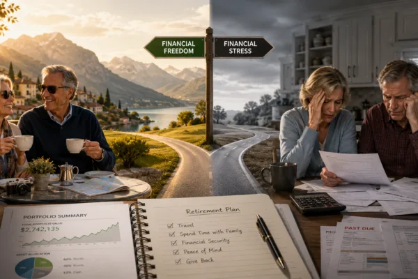 Split image showing two retirement outcomes: a financially secure retired couple enjoying travel and leisure contrasted with a couple stressed over bills and retirement finances.