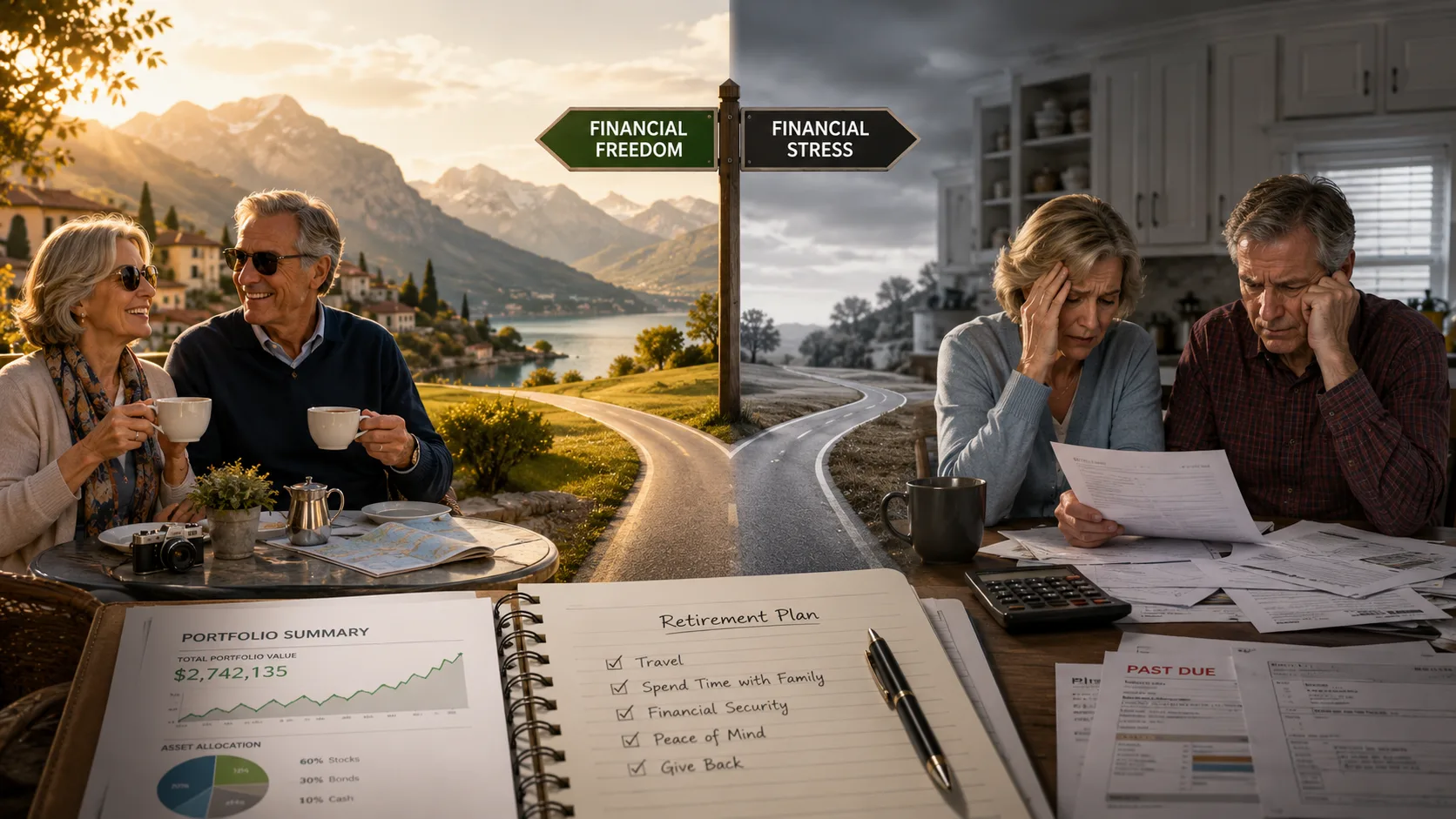 Split image showing two retirement outcomes: a financially secure retired couple enjoying travel and leisure contrasted with a couple stressed over bills and retirement finances.