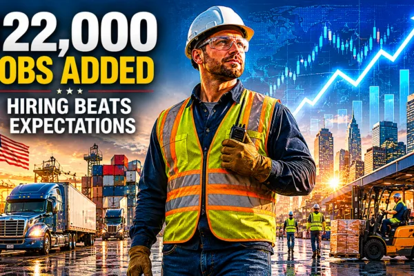 122,000 jobs added in May as U.S. private payroll growth beats expectations. Industrial worker at logistics facility with trucks, warehouses, and rising stock market chart representing a strong labor market and economic growth.