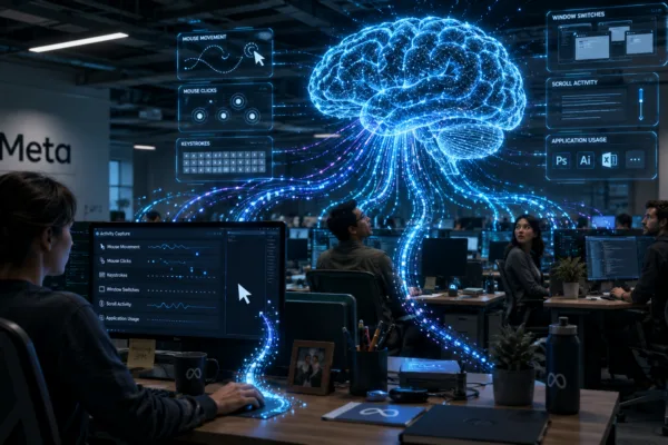 Concept illustration showing AI software tracking employee mouse movements and computer activity as Meta faces backlash over workplace monitoring used for artificial intelligence training.
