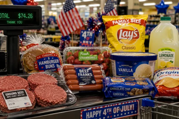 Fourth of July cookout groceries at a supermarket checkout showing burgers, hot dogs, chips, strawberries and other barbecue essentials as holiday food prices reach record highs.