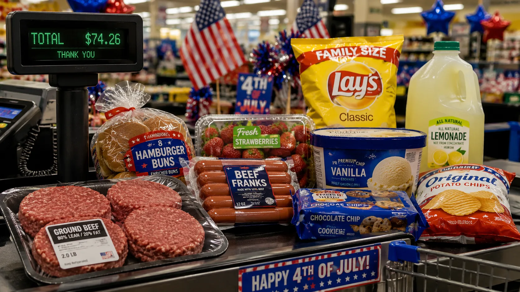 Fourth of July cookout groceries at a supermarket checkout showing burgers, hot dogs, chips, strawberries and other barbecue essentials as holiday food prices reach record highs.