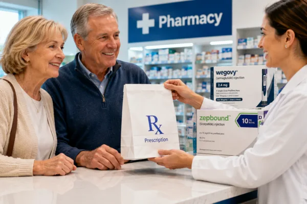 Older couple receiving a Wegovy weight loss prescription from a pharmacist after Medicare expands coverage of GLP-1 obesity drugs.