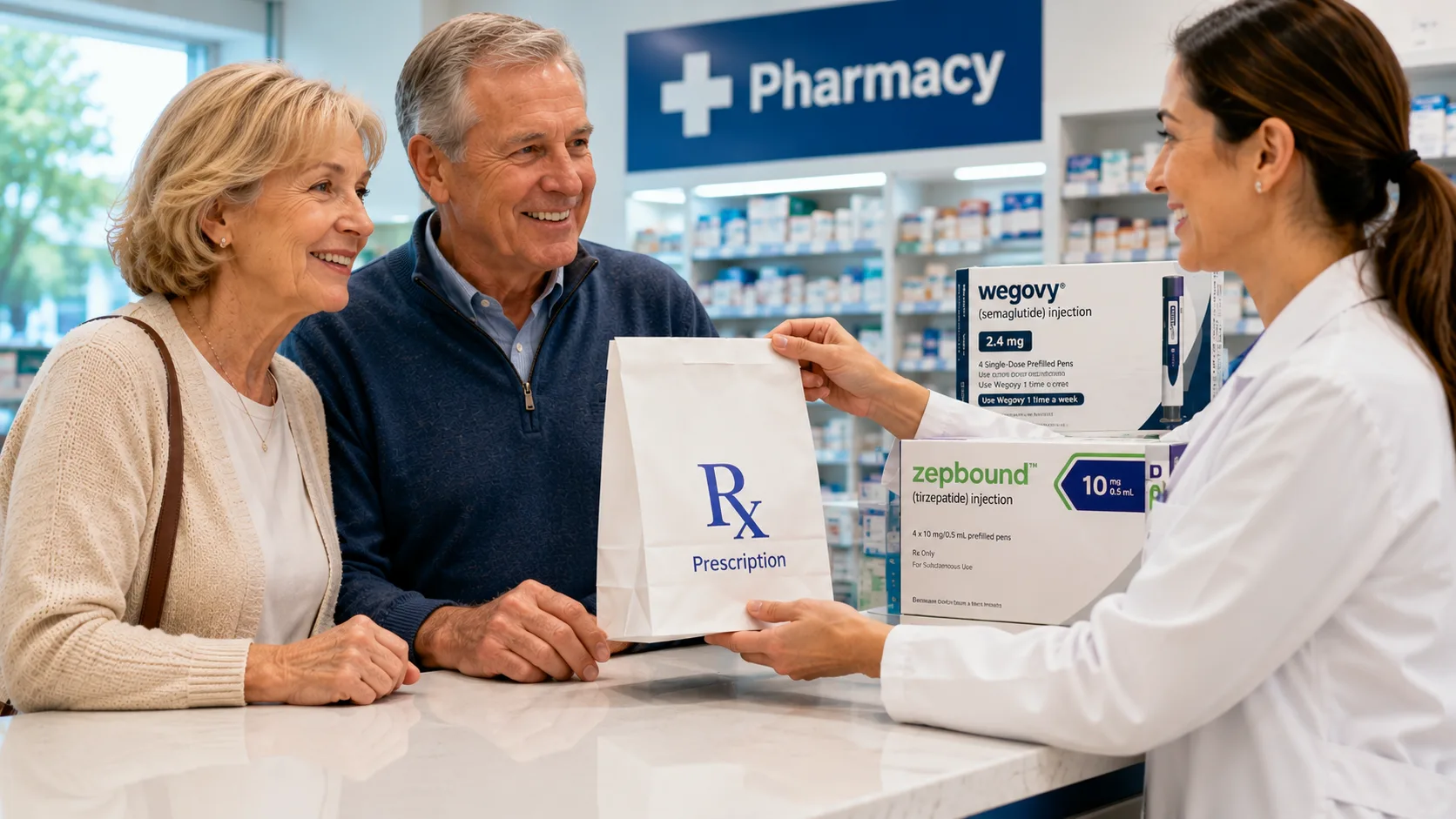 Older couple receiving a Wegovy weight loss prescription from a pharmacist after Medicare expands coverage of GLP-1 obesity drugs.