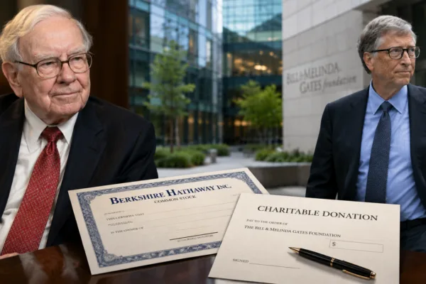 Warren Buffett and Bill Gates with Berkshire Hathaway stock documents and a charitable donation agreement, illustrating Buffett's delayed donation to the Gates Foundation.