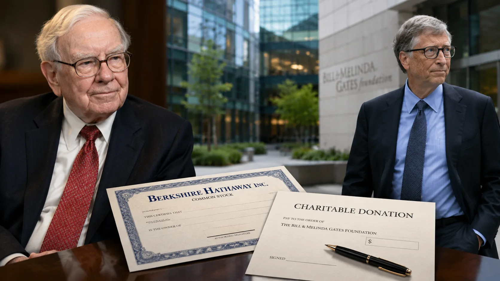 Warren Buffett and Bill Gates with Berkshire Hathaway stock documents and a charitable donation agreement, illustrating Buffett's delayed donation to the Gates Foundation.