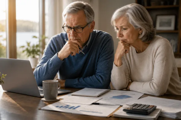 Retired couple planning retirement income strategy and reviewing investment portfolio documents at home.