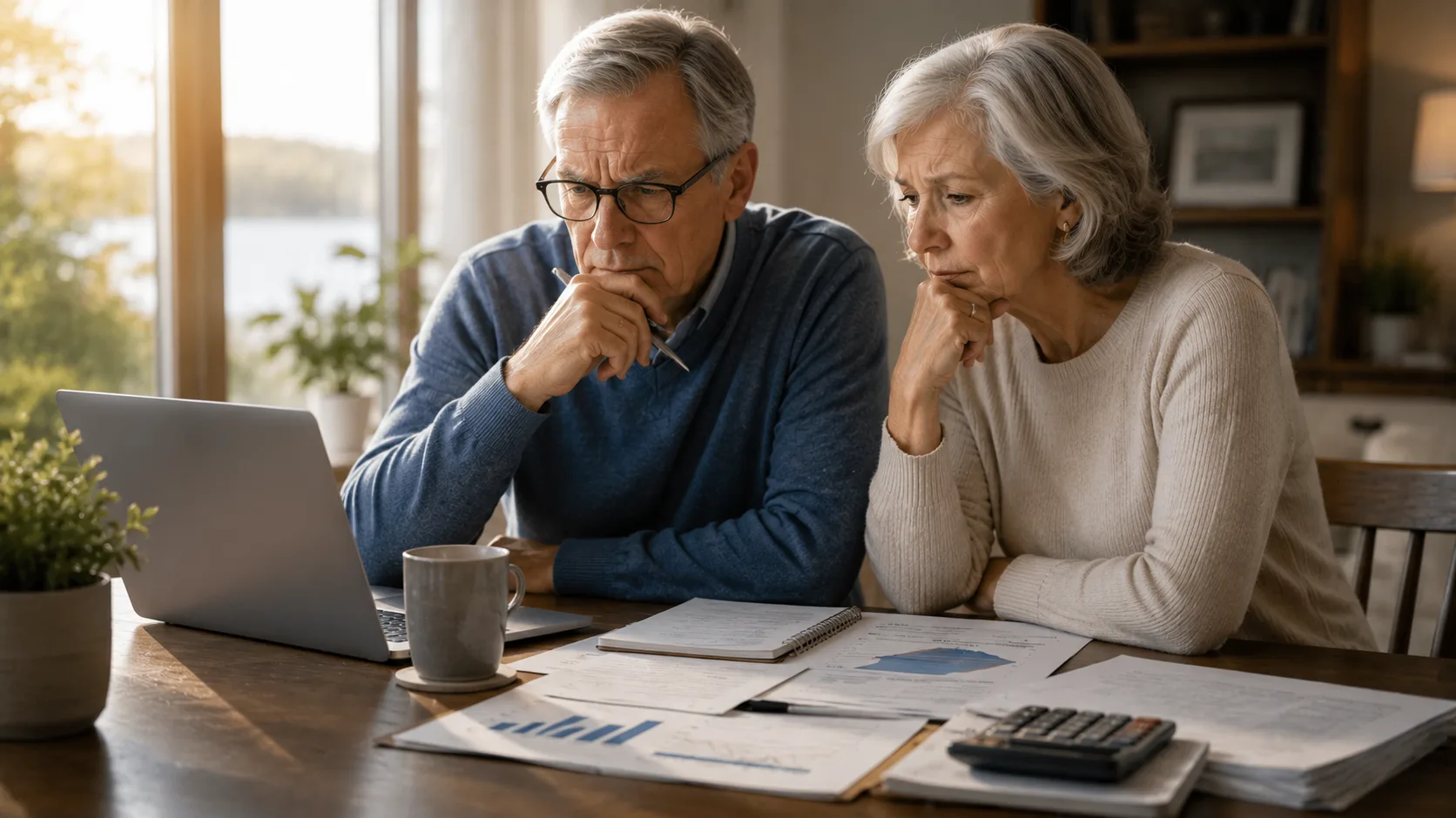 Retired couple planning retirement income strategy and reviewing investment portfolio documents at home.