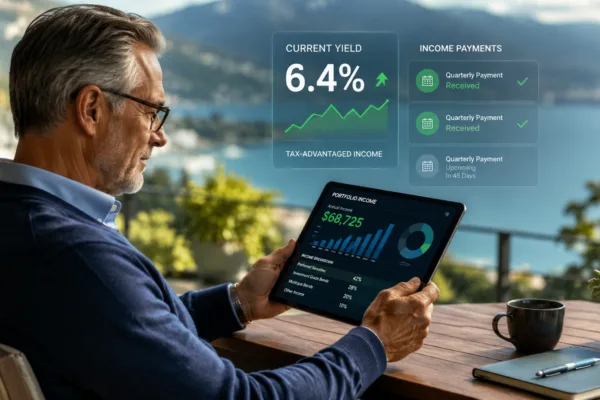Investor analyzing preferred securities yielding over 6% on a digital portfolio dashboard, highlighting tax-advantaged income and retirement investing.