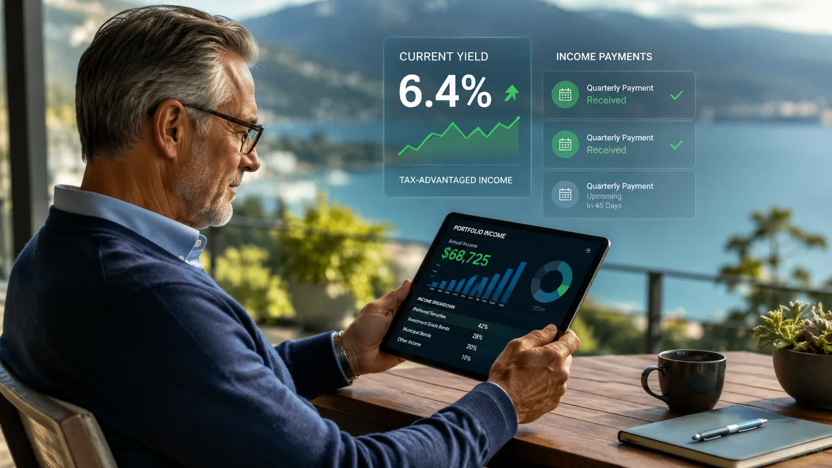 Investor analyzing preferred securities yielding over 6% on a digital portfolio dashboard, highlighting tax-advantaged income and retirement investing.